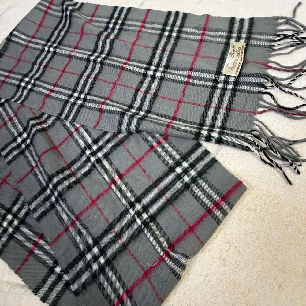 Rong Jia 100% Cashmere Scarf Gray Plaid Fringe Soft‎ Luxury Unisex